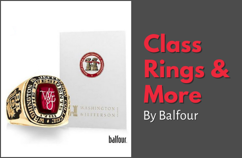 A Class Ring and Announcement with the College seal. Text: “Class Rings&More by Balfour”