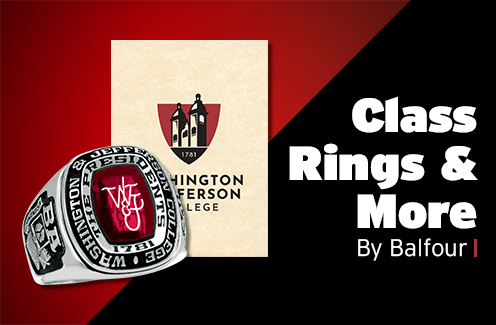A Class Ring and Announcement with the College seal. Text: “Class Rings&More by Balfour”